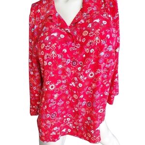 Christopher and Banks Size XL Women's Floral 3/4 Sleeve Red Button Down Top